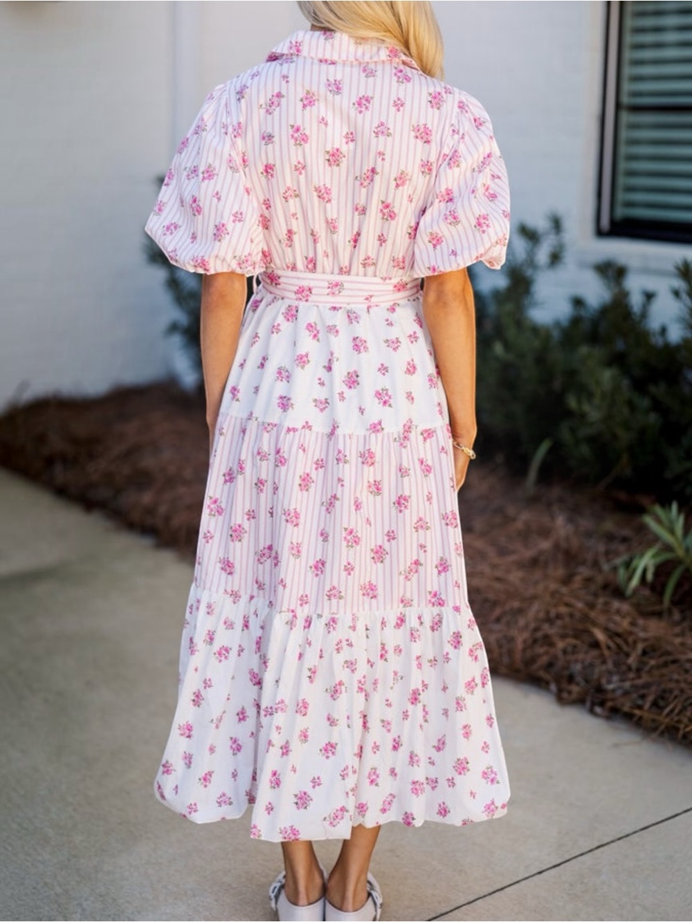 Pink & White Floral Tiered Cotton Puff Sleeve Dress Sz Medium - Picture 3 of 12
